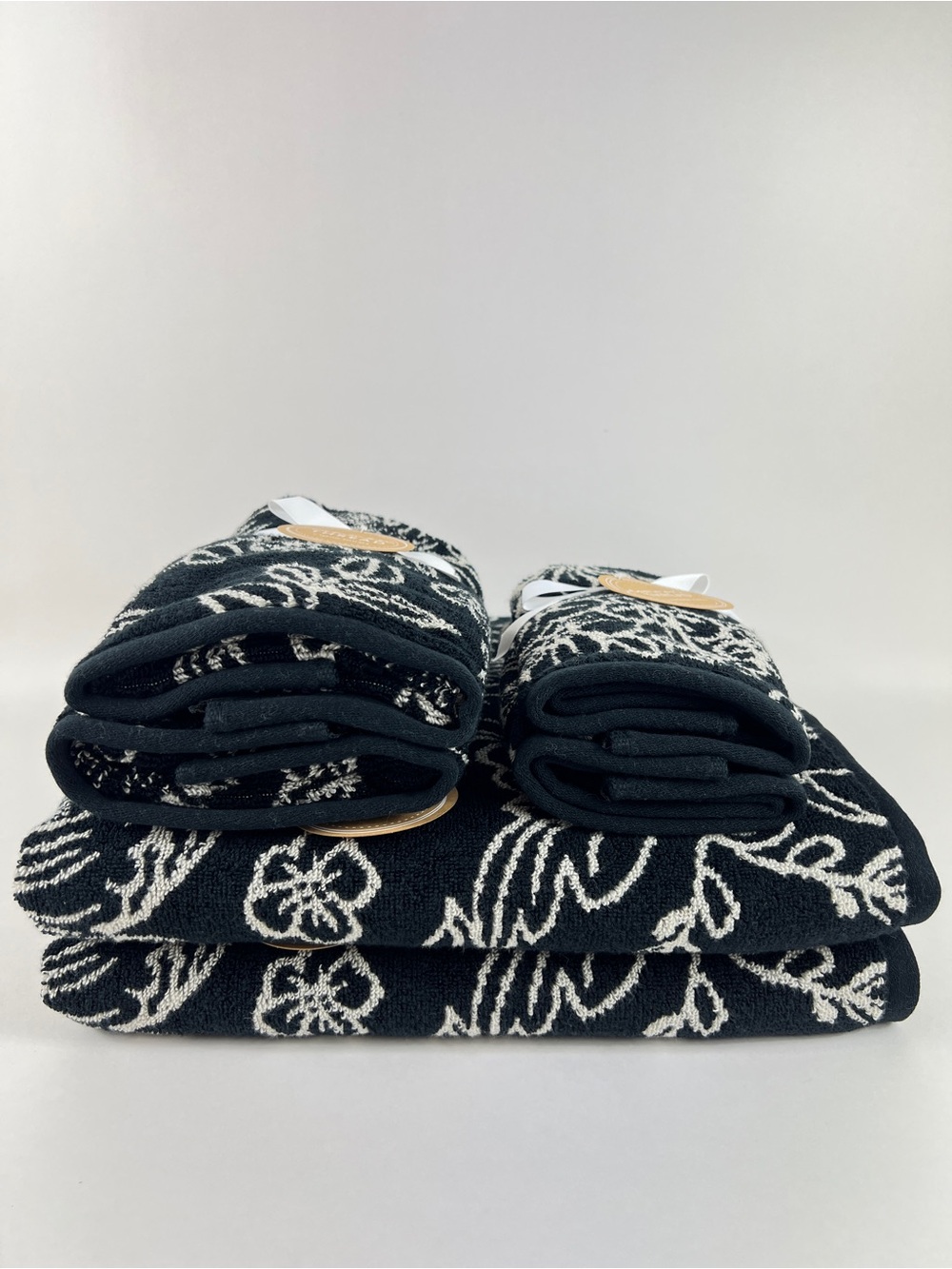 Common Thread Bath Towel Set Bold Black Cream Floral Soft Cotton 6 Pc NEW
